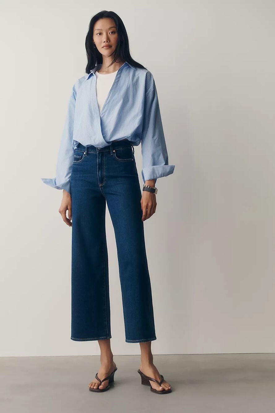 PAIGE Anessa High Rise Wide Leg Jeans Sz 29 Blue Dark Wash 27” Inseam GREAT